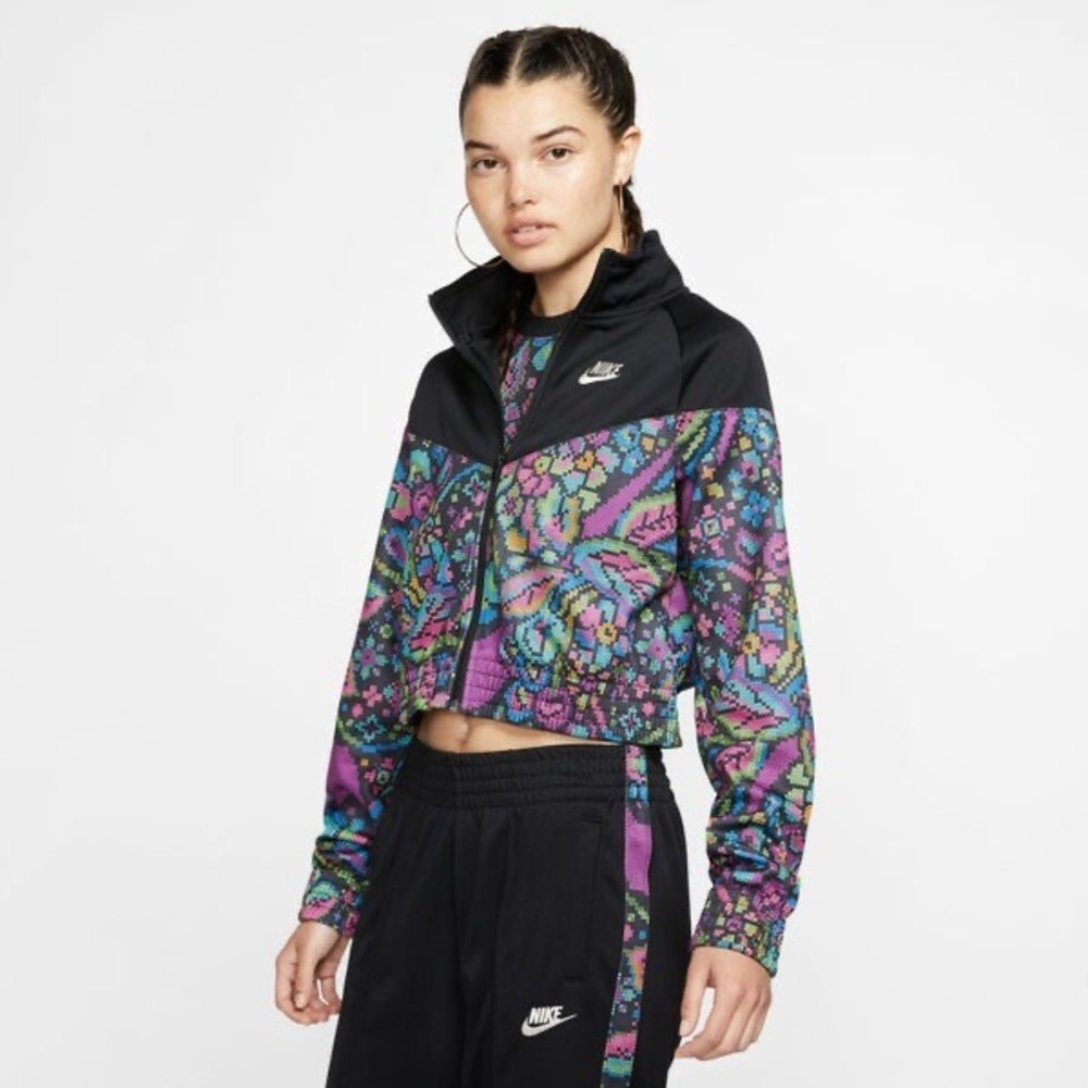 Nike Sportswear Windrunner Women Crop Track Jacket Pixel Cross Stitch Floral S